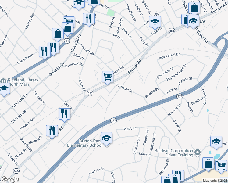 map of restaurants, bars, coffee shops, grocery stores, and more near 5626 Kirkland Street in Columbia