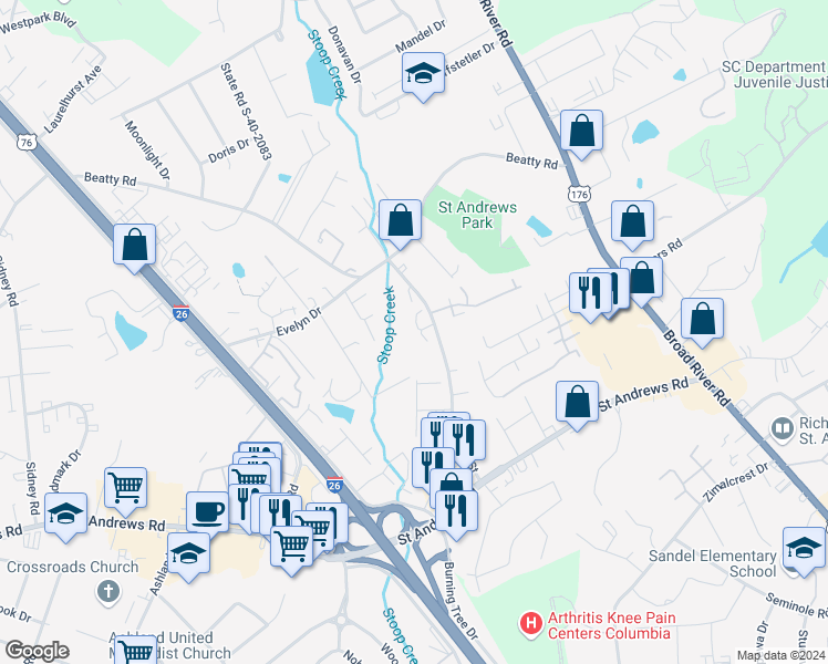 map of restaurants, bars, coffee shops, grocery stores, and more near 3011 Village Creek Drive in Columbia