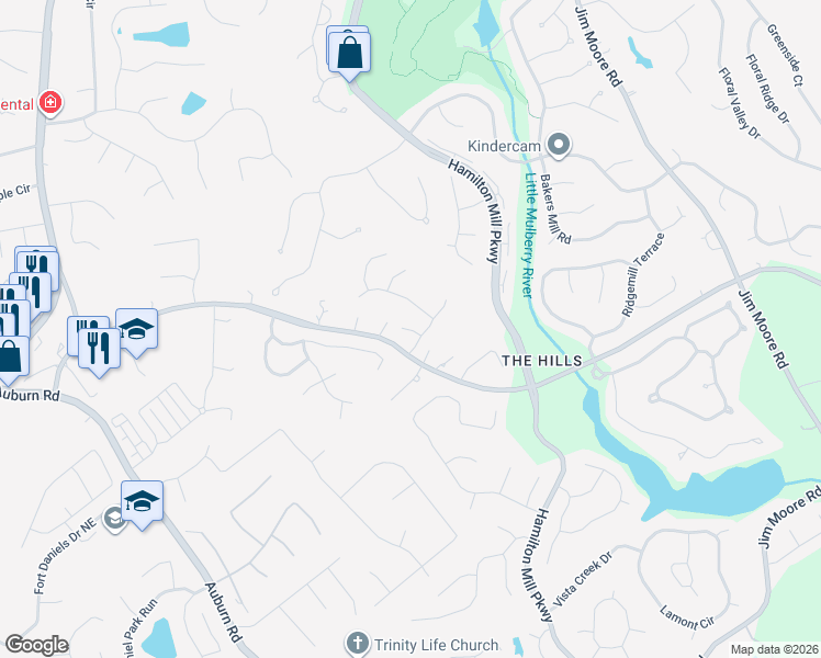 map of restaurants, bars, coffee shops, grocery stores, and more near 3171 Trinity Creek Court in Dacula