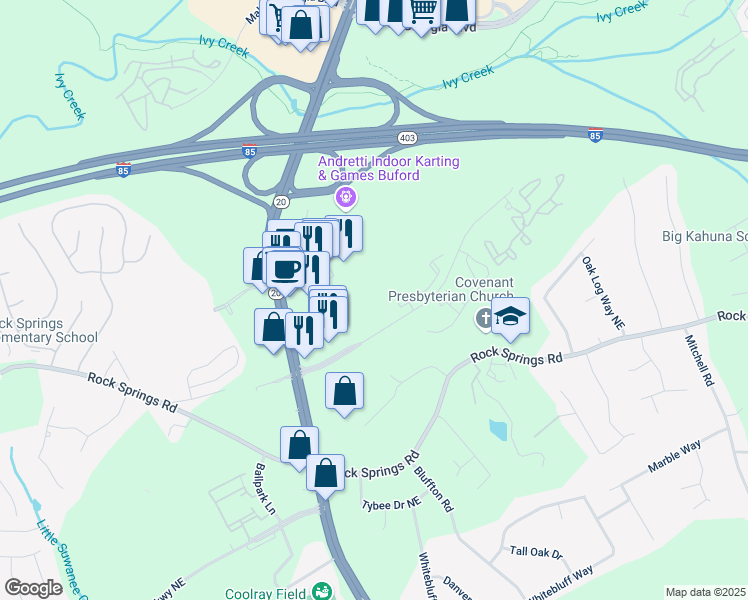 map of restaurants, bars, coffee shops, grocery stores, and more near 1525 Laurel Crossing Parkway Northeast in Buford