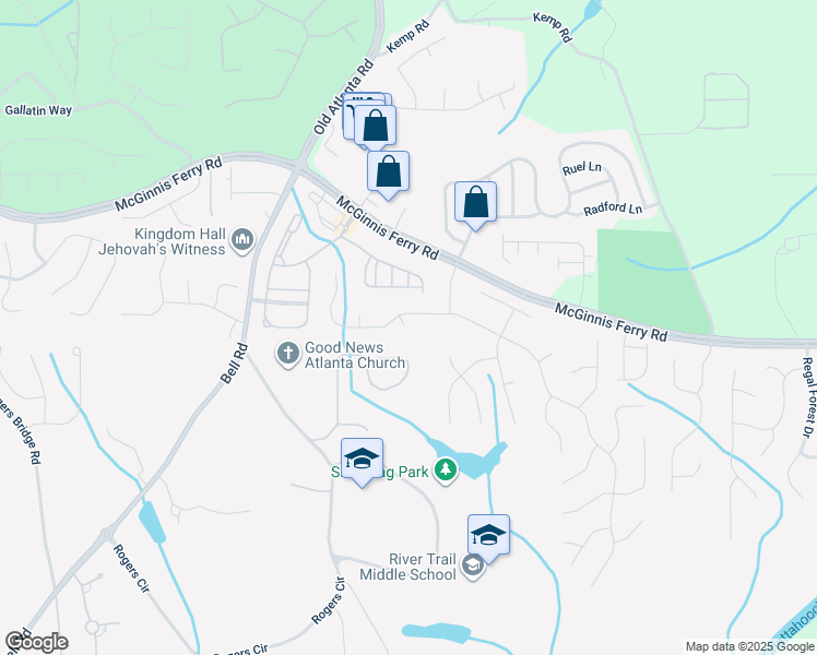 map of restaurants, bars, coffee shops, grocery stores, and more near 607 Twickenham Court in Suwanee