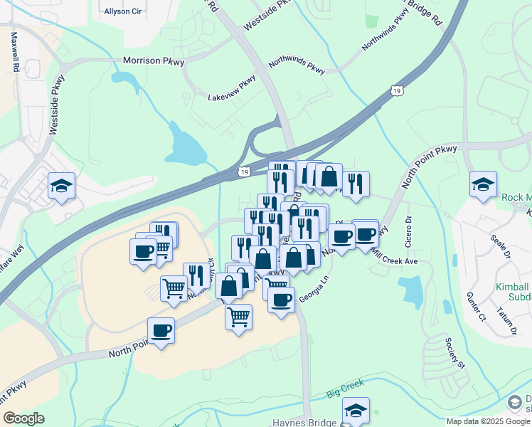 map of restaurants, bars, coffee shops, grocery stores, and more near 124 Downing Drive in Alpharetta