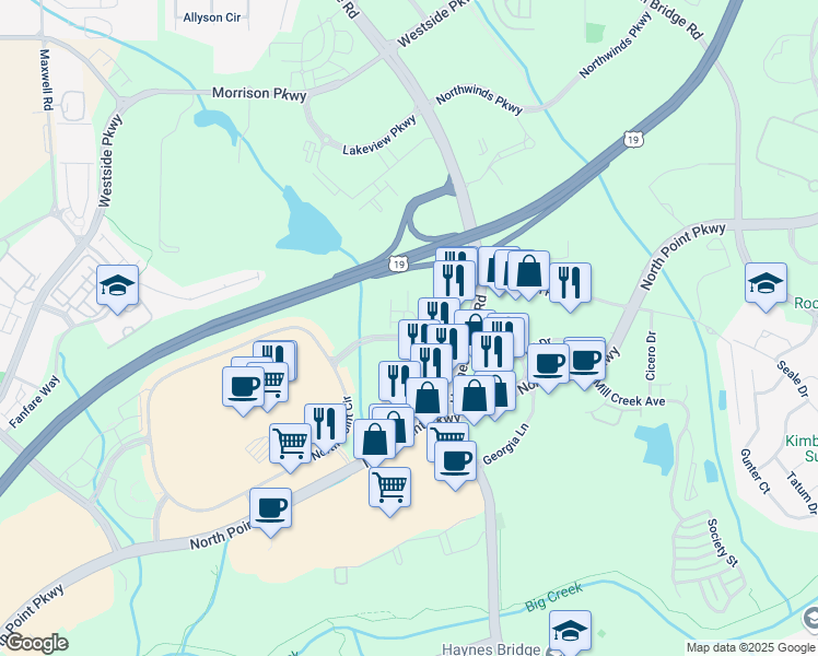 map of restaurants, bars, coffee shops, grocery stores, and more near 300 Olmstead Way in Alpharetta