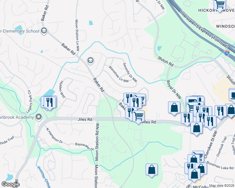 map of restaurants, bars, coffee shops, grocery stores, and more near 4091 Dresden Court Northwest in Kennesaw