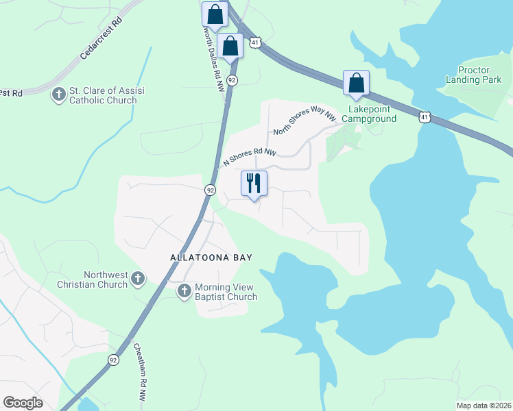 map of restaurants, bars, coffee shops, grocery stores, and more near 5694 Bay Harbor Trail in Acworth