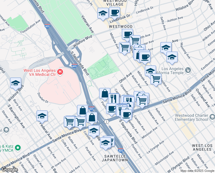 map of restaurants, bars, coffee shops, grocery stores, and more near 1424 South Bentley Avenue in Los Angeles
