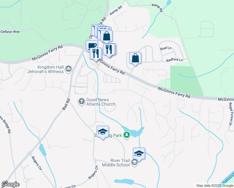 map of restaurants, bars, coffee shops, grocery stores, and more near 607 Twickenham Court in Suwanee