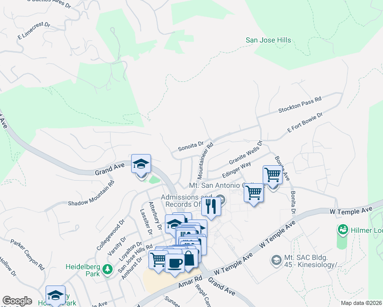 map of restaurants, bars, coffee shops, grocery stores, and more near 1720 North Winona Drive in Walnut