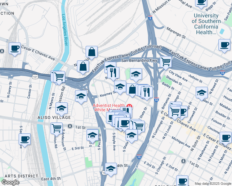 map of restaurants, bars, coffee shops, grocery stores, and more near 1814 Kearney Street in Los Angeles