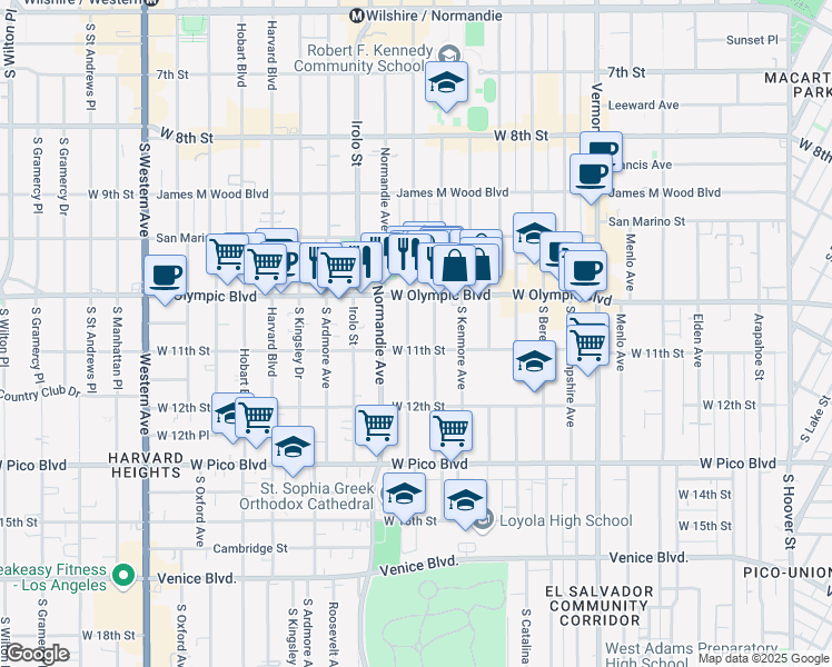 map of restaurants, bars, coffee shops, grocery stores, and more near 1038 South Mariposa Avenue in Los Angeles