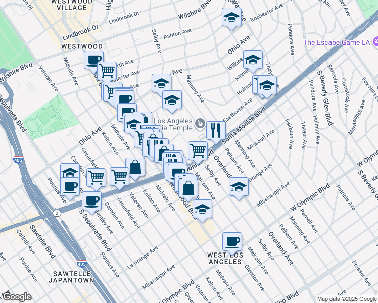 map of restaurants, bars, coffee shops, grocery stores, and more near 1745 Selby Avenue in Los Angeles