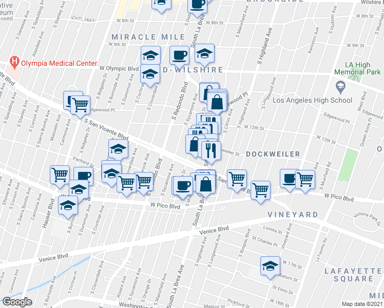 map of restaurants, bars, coffee shops, grocery stores, and more near 1274 South Orange Drive in Los Angeles