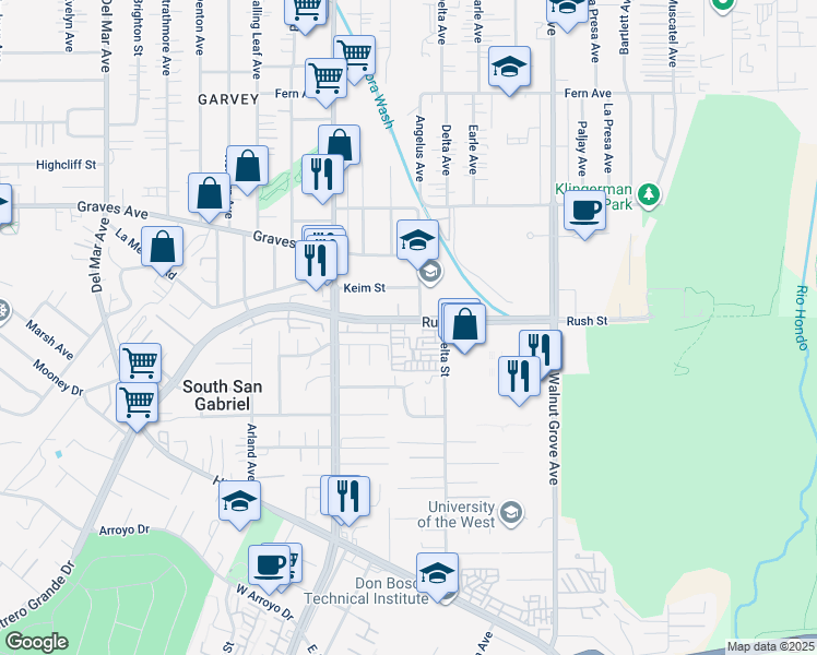 map of restaurants, bars, coffee shops, grocery stores, and more near 8340 Rush Street in Rosemead