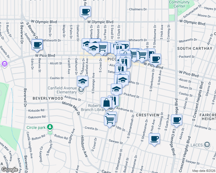 map of restaurants, bars, coffee shops, grocery stores, and more near 8860 Horner Street in Los Angeles