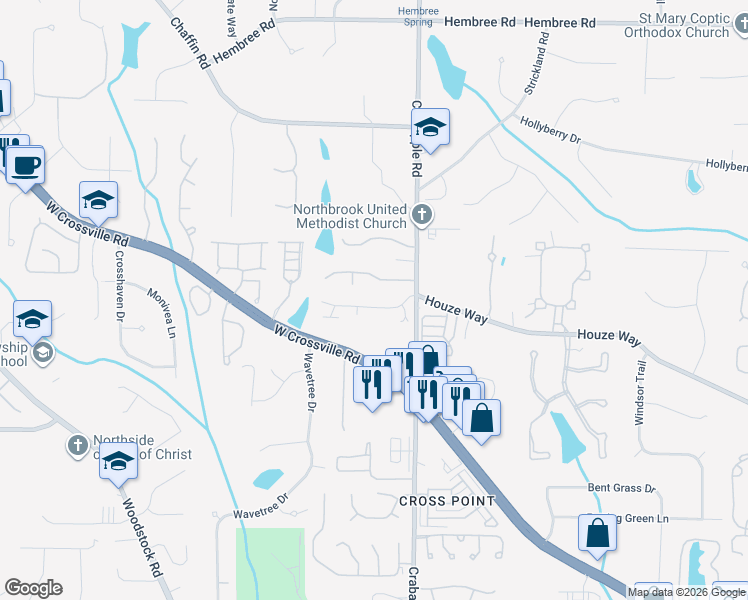 map of restaurants, bars, coffee shops, grocery stores, and more near 308 Roswell Green Lane in Roswell