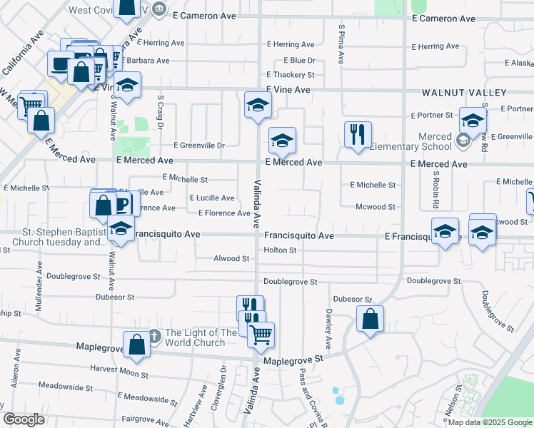 map of restaurants, bars, coffee shops, grocery stores, and more near 1834 Valinda Avenue in La Puente