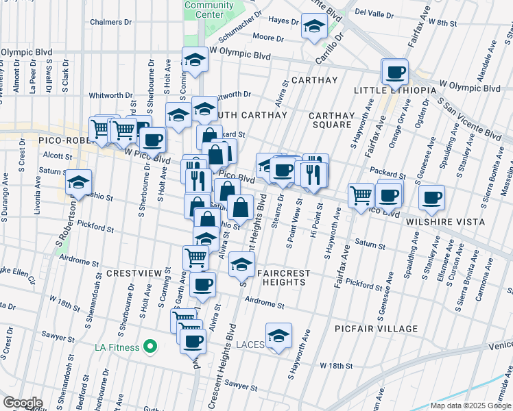 map of restaurants, bars, coffee shops, grocery stores, and more near 1432 1/2 South Crescent Heights Boulevard in Los Angeles