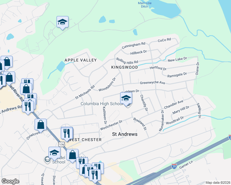 map of restaurants, bars, coffee shops, grocery stores, and more near 1733 Kathleen Drive in Columbia