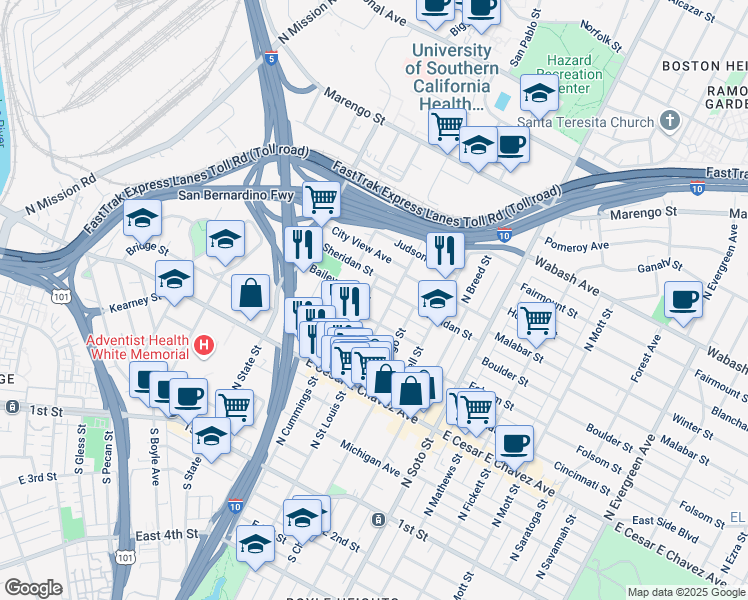map of restaurants, bars, coffee shops, grocery stores, and more near 656 North Cummings Street in Los Angeles