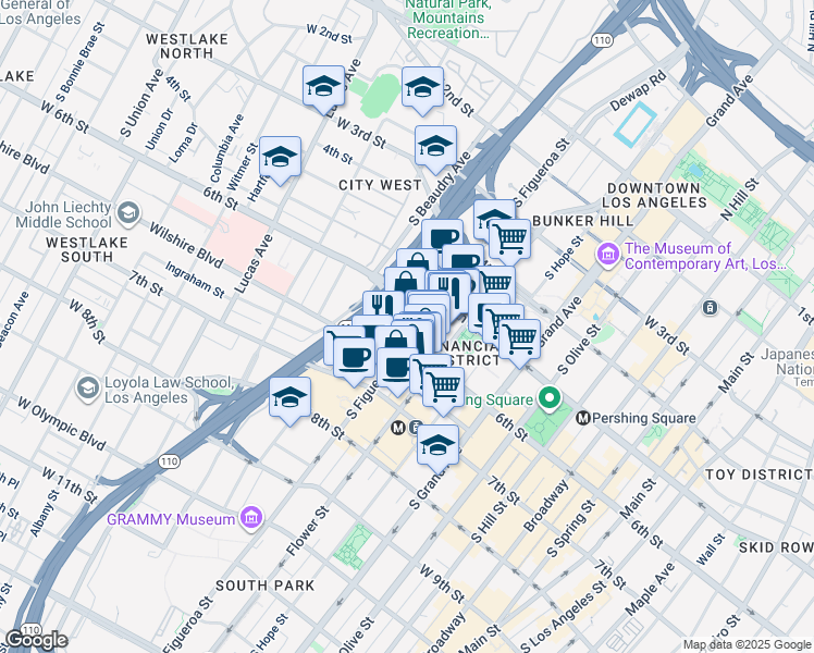 map of restaurants, bars, coffee shops, grocery stores, and more near 545 South Figueroa Street in Los Angeles
