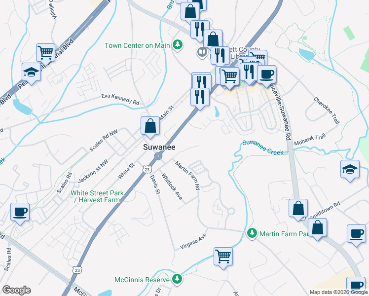 map of restaurants, bars, coffee shops, grocery stores, and more near 504 King Street in Suwanee