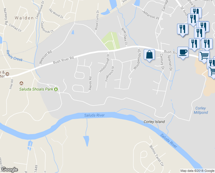 map of restaurants, bars, coffee shops, grocery stores, and more near 133 Firebranch Street in Columbia