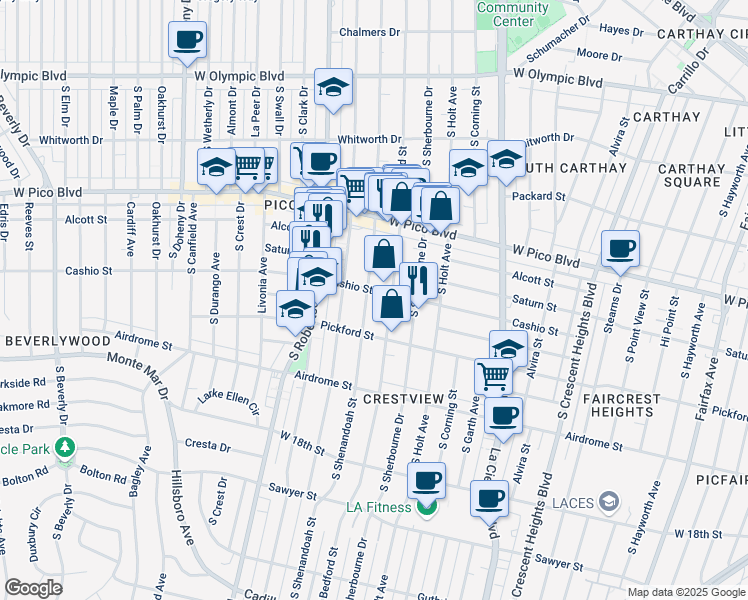 map of restaurants, bars, coffee shops, grocery stores, and more near 1508 South Shenandoah Street in Los Angeles