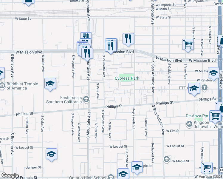 map of restaurants, bars, coffee shops, grocery stores, and more near 1211 South Palmetto Avenue in Ontario