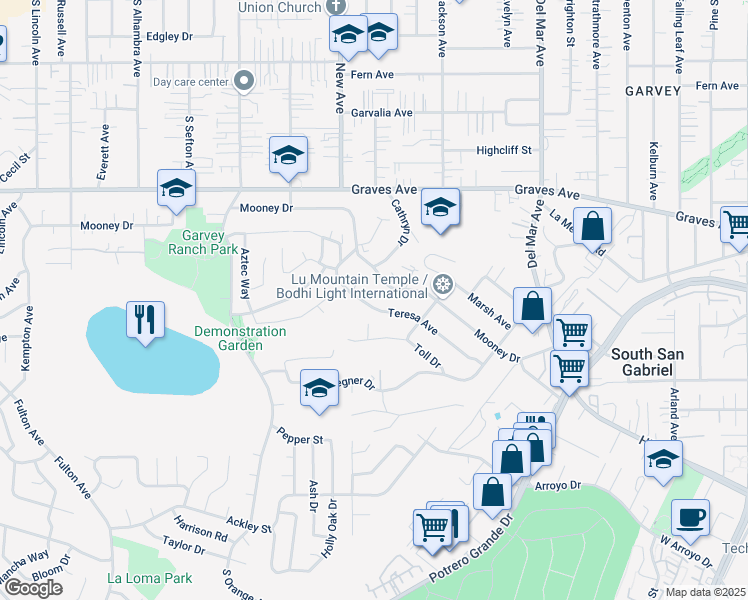 map of restaurants, bars, coffee shops, grocery stores, and more near 7241 Teresa Avenue in Rosemead