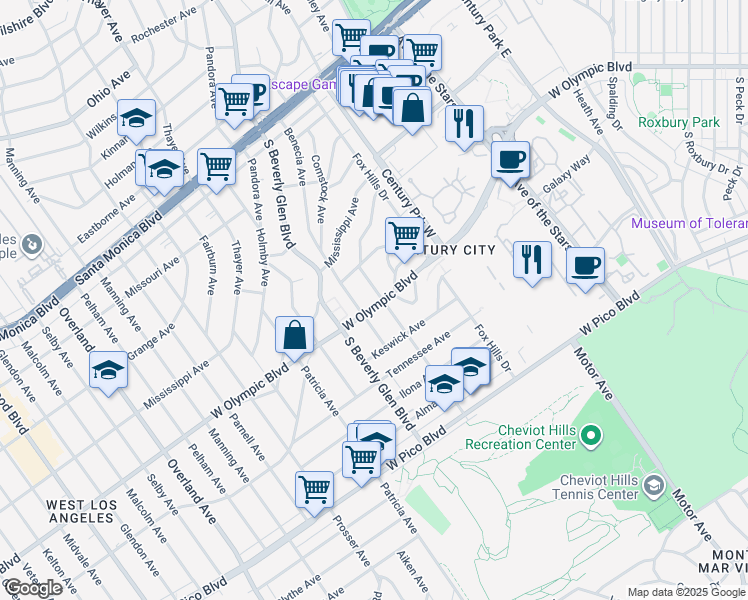 map of restaurants, bars, coffee shops, grocery stores, and more near 2143 Kerwood Avenue in Los Angeles