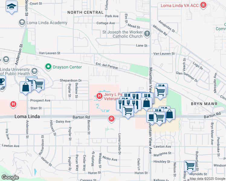 map of restaurants, bars, coffee shops, grocery stores, and more near 11096 Willis Drive in Loma Linda