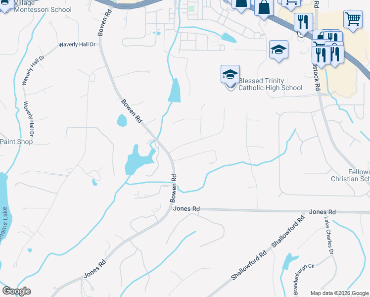 map of restaurants, bars, coffee shops, grocery stores, and more near 11115 Willow Wood Drive in Roswell