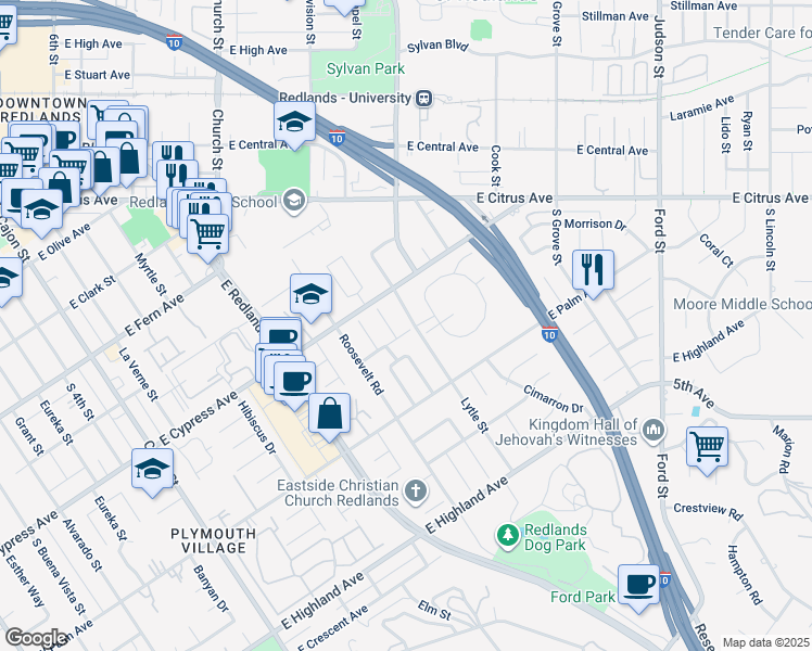 map of restaurants, bars, coffee shops, grocery stores, and more near 626 Lytle Street in Redlands