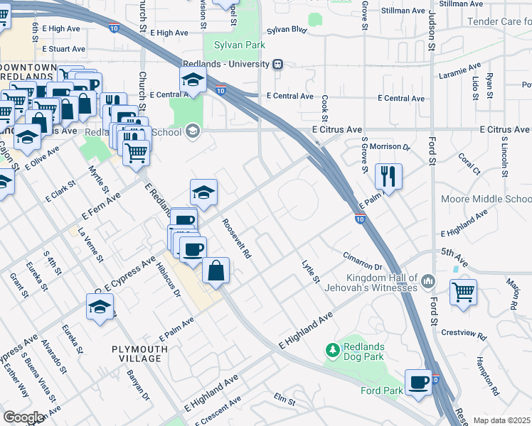 map of restaurants, bars, coffee shops, grocery stores, and more near 626 Lytle Street in Redlands