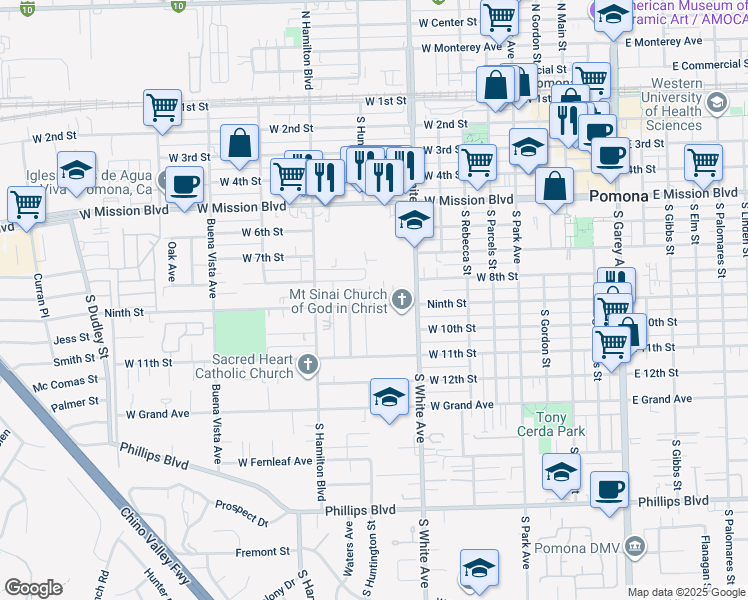 map of restaurants, bars, coffee shops, grocery stores, and more near 985 West 9th Street in Pomona