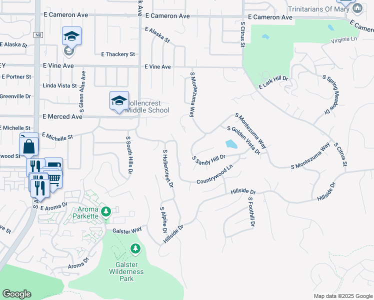 map of restaurants, bars, coffee shops, grocery stores, and more near 1310 South Hidden Valley Drive in West Covina