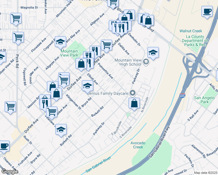 map of restaurants, bars, coffee shops, grocery stores, and more near 12417 Elliott Avenue in El Monte