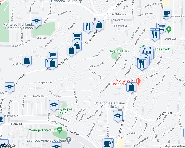map of restaurants, bars, coffee shops, grocery stores, and more near 1148 Brier Cliff Way in Monterey Park