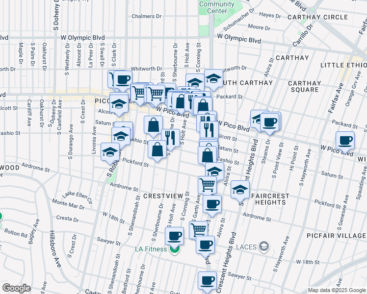 map of restaurants, bars, coffee shops, grocery stores, and more near 1482 South Holt Avenue in Los Angeles