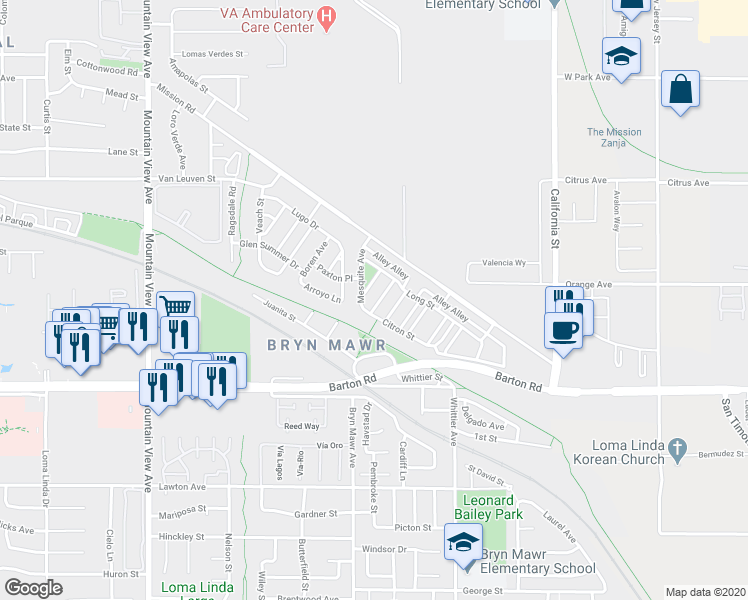map of restaurants, bars, coffee shops, grocery stores, and more near 11144 Morningstar Place in Loma Linda