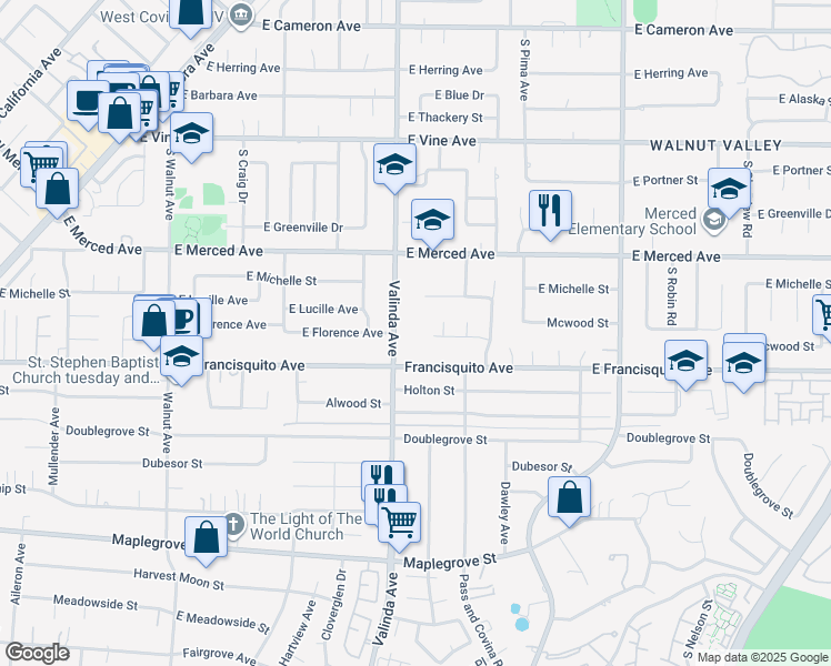 map of restaurants, bars, coffee shops, grocery stores, and more near 1834 Valinda Avenue in La Puente