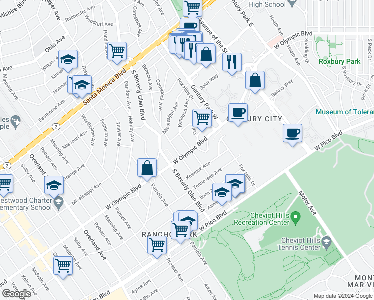 map of restaurants, bars, coffee shops, grocery stores, and more near 2143 Kerwood Avenue in Los Angeles