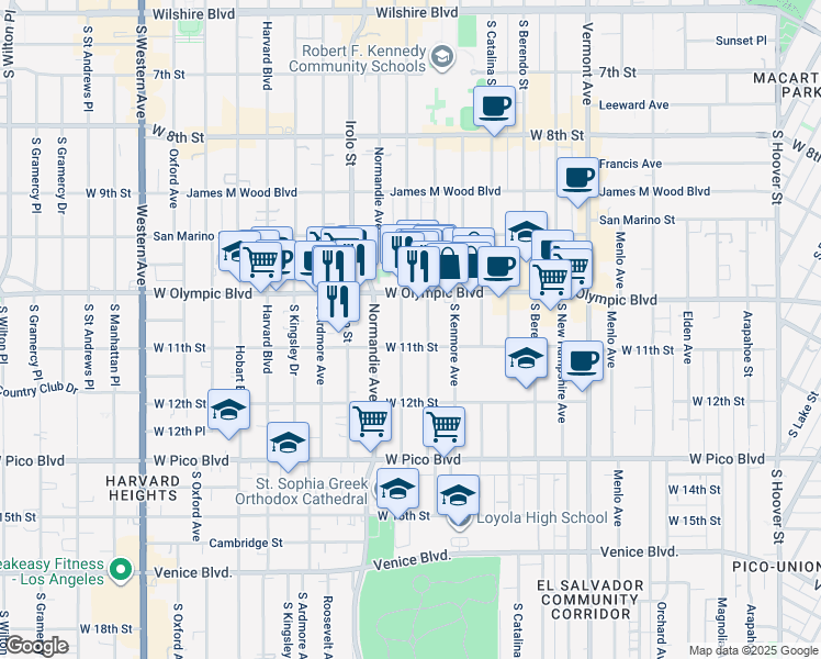 map of restaurants, bars, coffee shops, grocery stores, and more near 1038 South Mariposa Avenue in Los Angeles