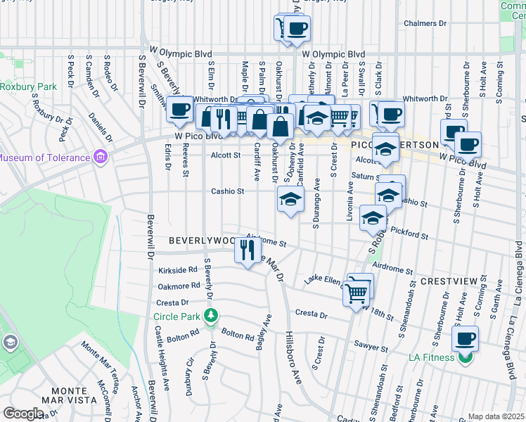 map of restaurants, bars, coffee shops, grocery stores, and more near 1534 Cardiff Avenue in Los Angeles