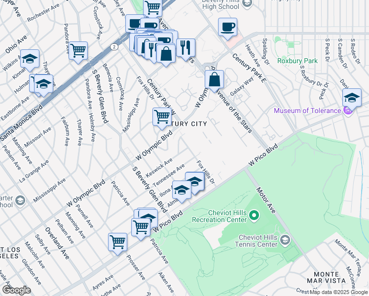 map of restaurants, bars, coffee shops, grocery stores, and more near 10301 Keswick Avenue in Los Angeles