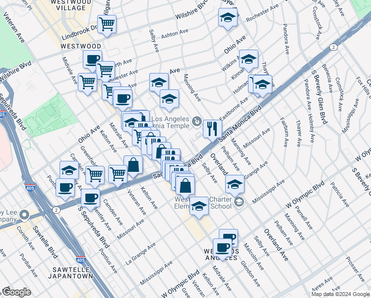 map of restaurants, bars, coffee shops, grocery stores, and more near 1745 Selby Avenue in Los Angeles