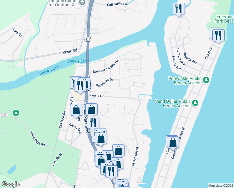 map of restaurants, bars, coffee shops, grocery stores, and more near 400 Lewis Drive in Carolina Beach