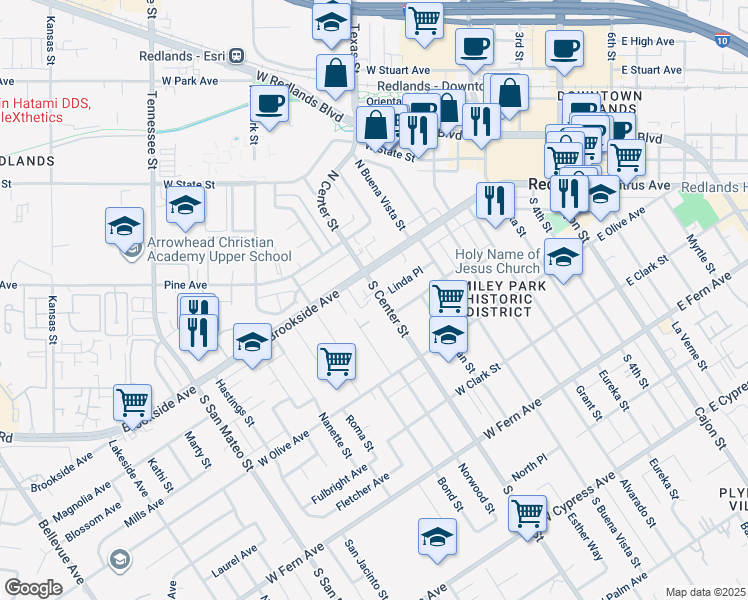 map of restaurants, bars, coffee shops, grocery stores, and more near 30 South Center Street in Redlands
