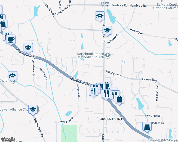 map of restaurants, bars, coffee shops, grocery stores, and more near 402 Roswell Green Lane in Roswell