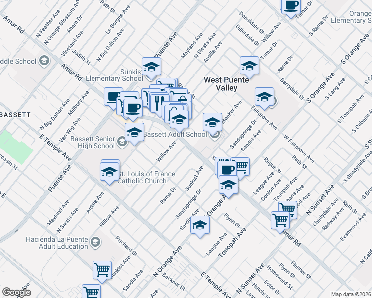 map of restaurants, bars, coffee shops, grocery stores, and more near 882 Tamar Drive in La Puente